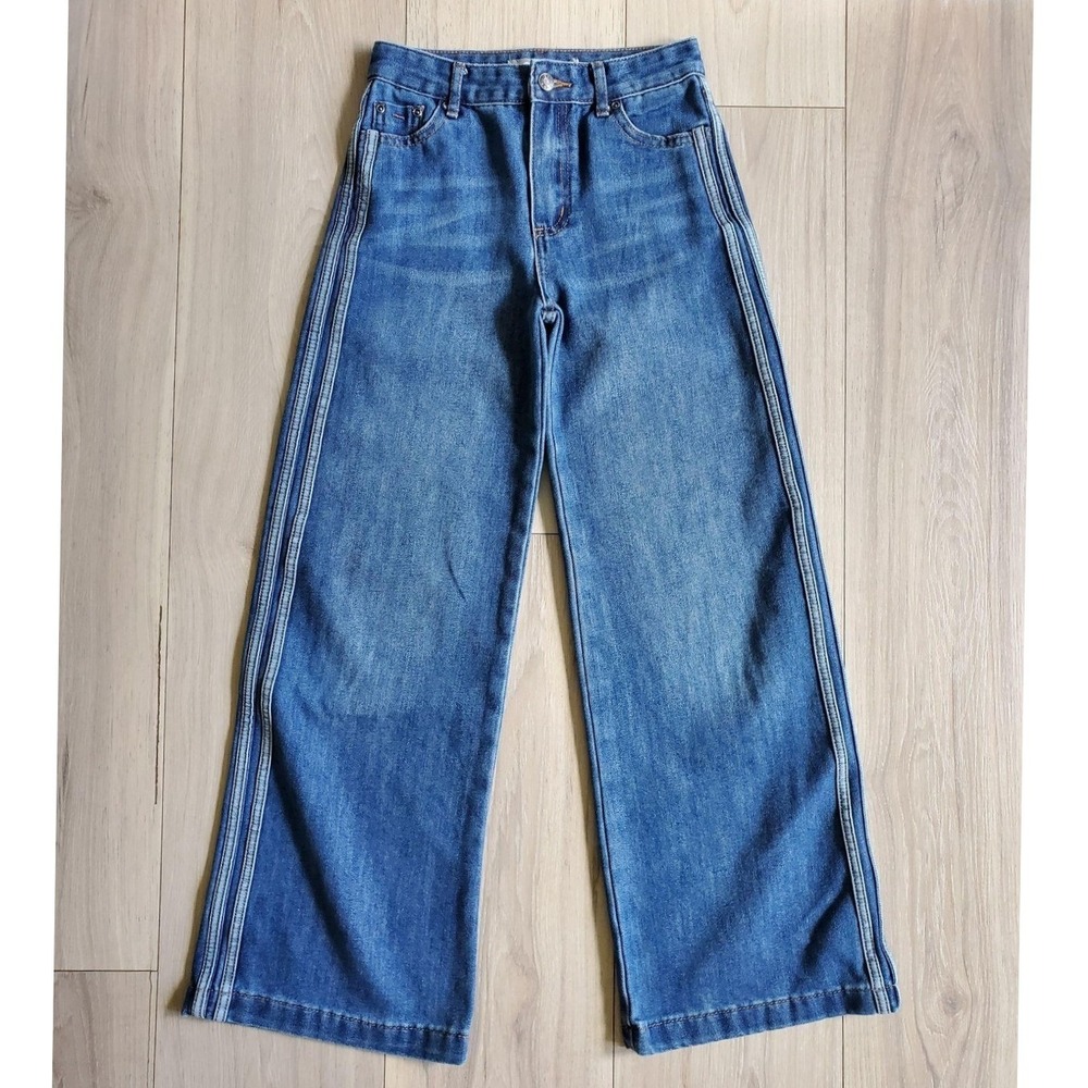 Tractr Jeans Girls 10 Blue Wide Leg Side Stripe Denim Relaxed Fit Vintage Baggy